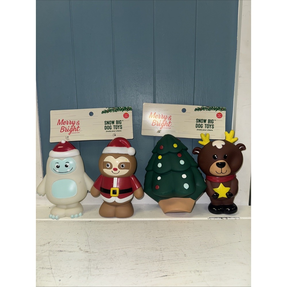 Lot Of 4 Merry &‎ Bright 7" Vinyl Rubber Squeaky S-L Dog Toy Holiday Christmas